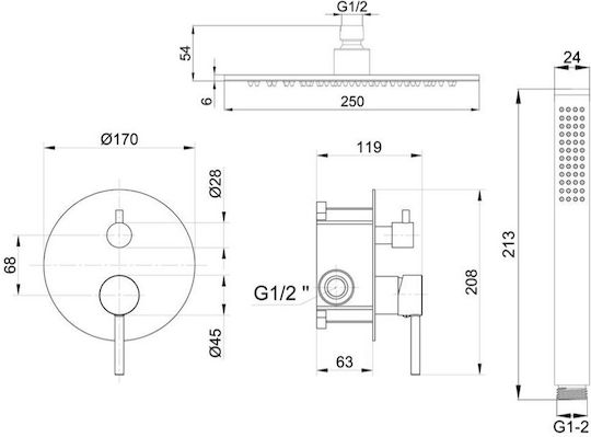 Interflex Μίκτης Μπαταρίας Εντοιχισμού για Ντουζιέρα Ασημί