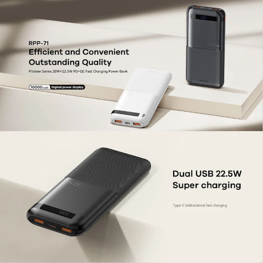Remax RPP-71 Piloteer Series Power Bank 10000mAh 22.5W with 2 USB-A Ports and USB-C Port Power Delivery / Quick Charge 3.0 Black
