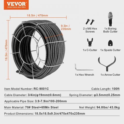 Vevor Steel Drain Unblockers 30m with Maximum Unclogging Thickness 19mm