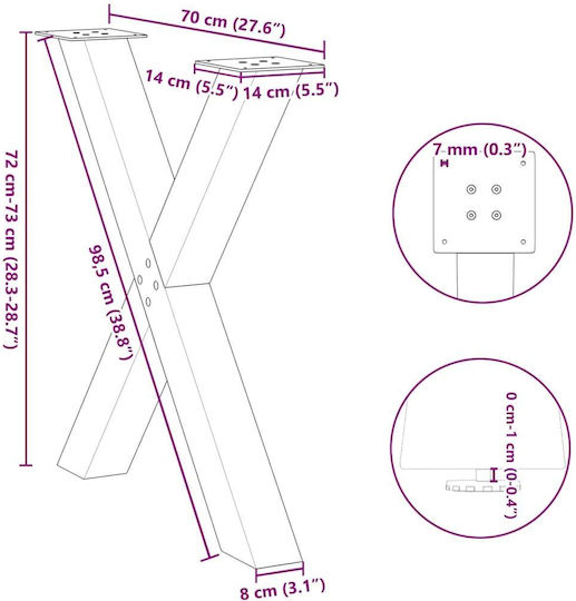vidaXL Metallic Furniture Leg 2 Pieces Suitable for Table / Coffee Table / Office 70x72cm Brown