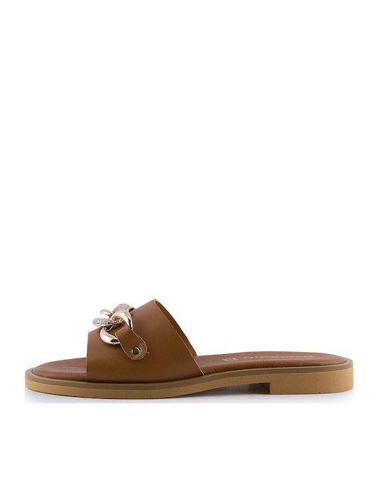 Leather Women's Flat Sandals in Tabac Brown Color