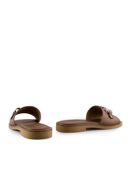 Leather Women's Flat Sandals in Tabac Brown Color