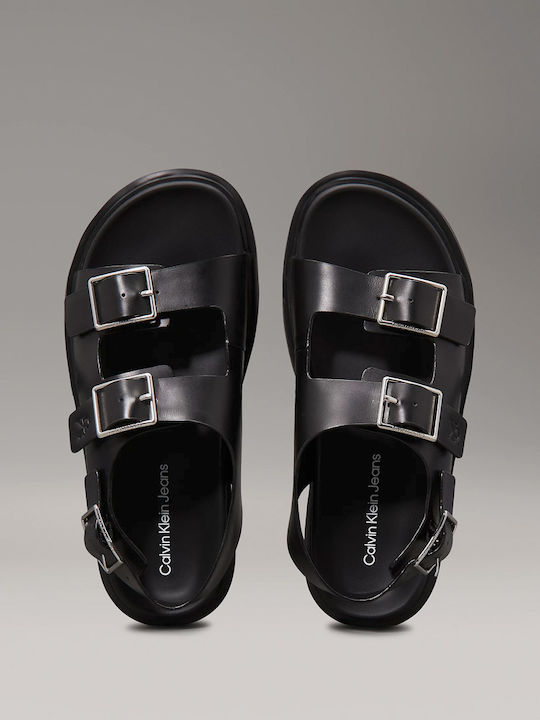 Leather Women's Flat Sandals in Black Color