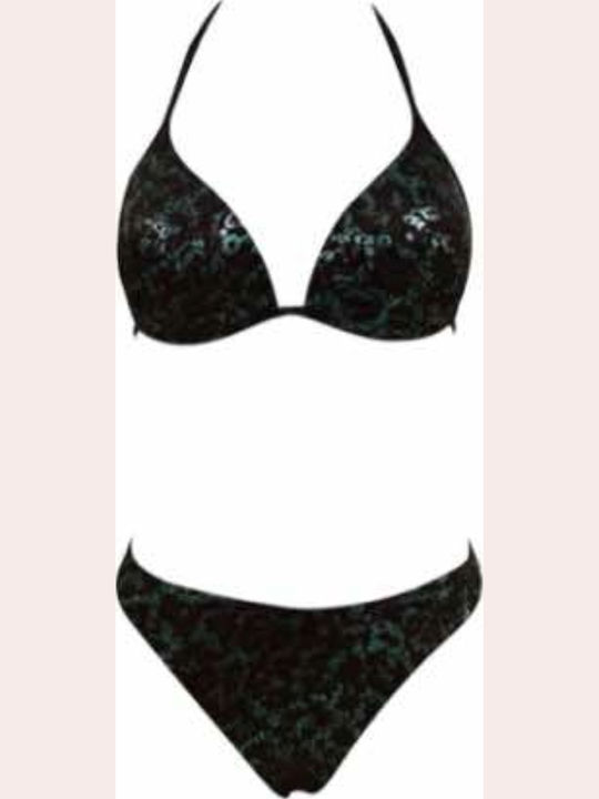 Set Bikini Push Up Brazil Animal Print Μαύρο Με Πράσινο