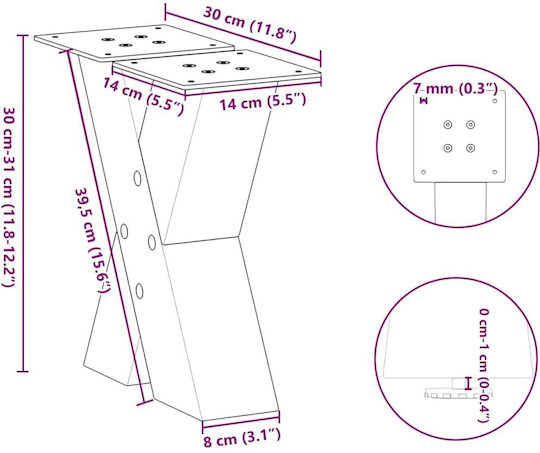 vidaXL Metallic Furniture Leg 2 Pieces Suitable for Table / Coffee Table / Office 30x30cm Brown