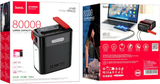 Hoco J143 Power Bank 80000mAh 22.5W με 2 Θύρες USB-A και 3 Θύρες USB-C Μαύρο
