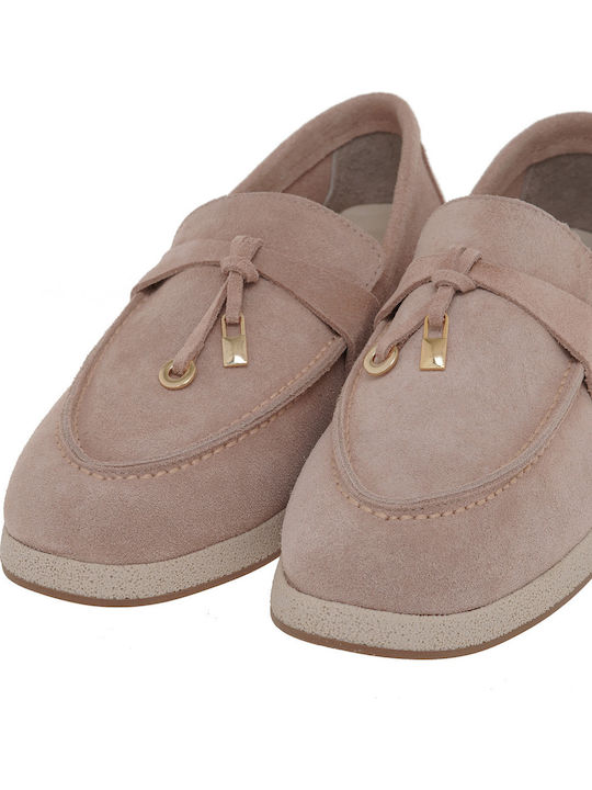 Leather Women's Loafers in Beige Color