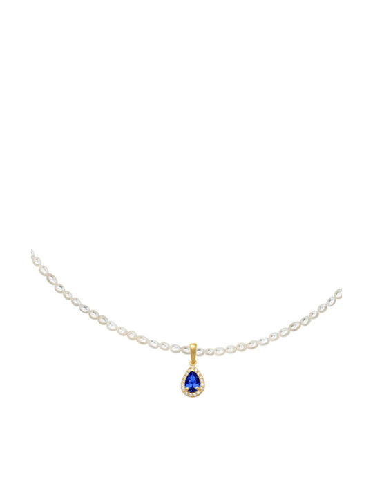 Halskette 14K Goldverschluss Weiße Perlen 14K Goldanhänger Blauer Topas F126095bt