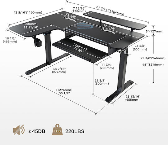 Birou De Jocuri Din Lemn Negru Cu Picioare Metalice Și Înălțime Reglabilă 155x110x74cm