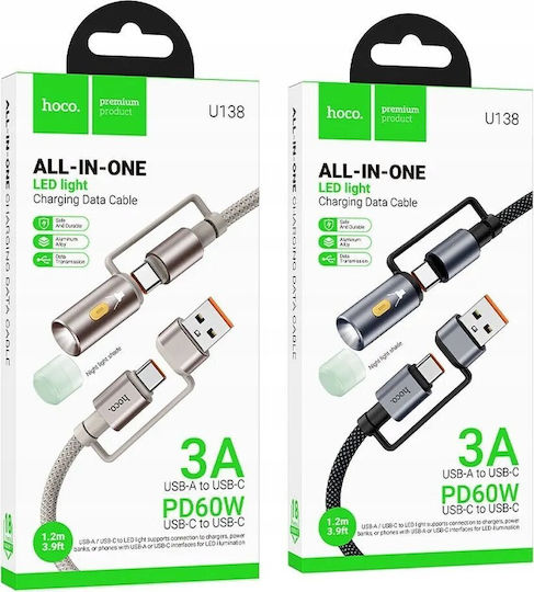 Hoco U138 LED / Braided USB 2.0 Cable USB-C male - USB-C / USB-A 60W Μαύρο 1.2m