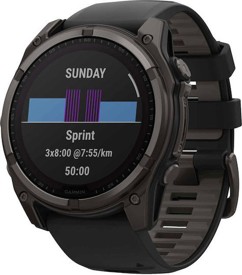 Garmin Fenix 8 Solar Титан 51мм Водоустойчив Смартчасовник с Пулсомер (Sapphire, Carbon Grey Dlc Titanium With Black/pebble Grey Silicone Band)