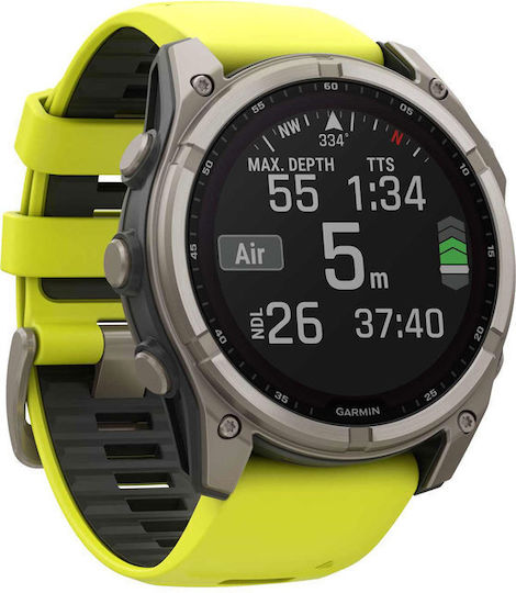 Garmin Fenix 8 Solar Titanium 51mm Αδιάβροχο Smartwatch με Παλμογράφο (Sapphire, Titanium With Amp Yellow/Graphite Silicone Band)