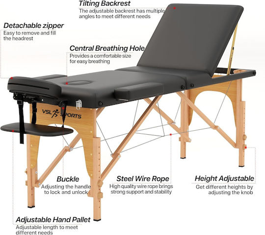 VSL Sports FlexiRest Wooden Portable/Folding Black Massage and Physiotherapy Bed 185x60cm