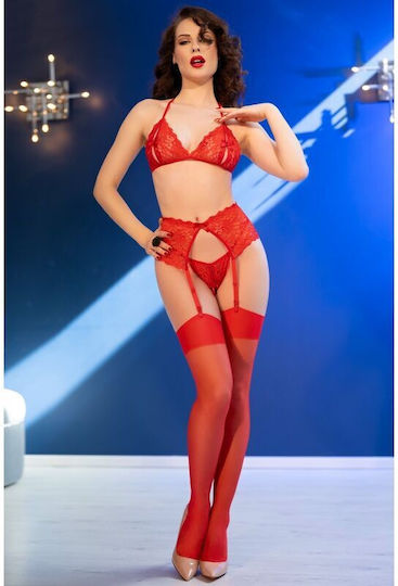 Chilirose Sexy Σετ Εσωρούχων με Δαντέλα & Ζαρτιέρες Κόκκινο