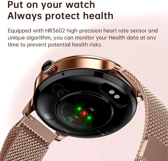 Aoke NX7 Smartwatch με Παλμογράφο (Ροζ - Χρυσή Κάσα / Ροζ - Χρυσό Μεταλλικό Λουρί)