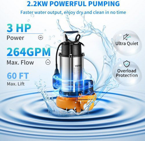 Submersible Pump Float Stainless Steel Flow Rate 60000 L H 2200 W Outlet 3” Height 18 M Ipx8 Power Cable Length 10 M