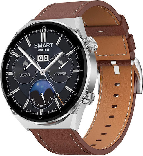 NO.1 DT3 PRO Max Smartwatch with Heart Rate Monitor (Silver Case / Brown Leather Strap)