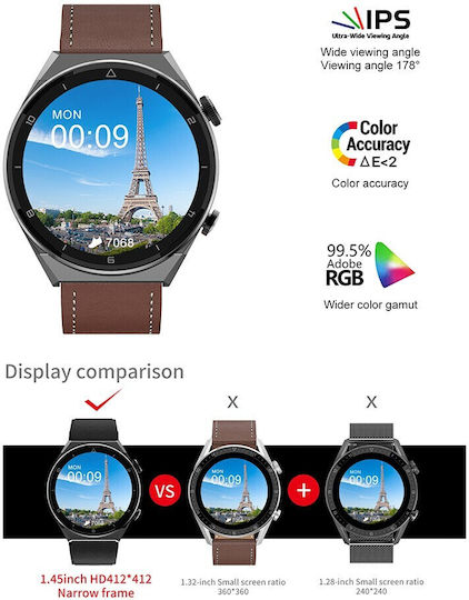 NO.1 DT3 PRO Max Smartwatch with Heart Rate Monitor (Silver Case / Brown Leather Strap)