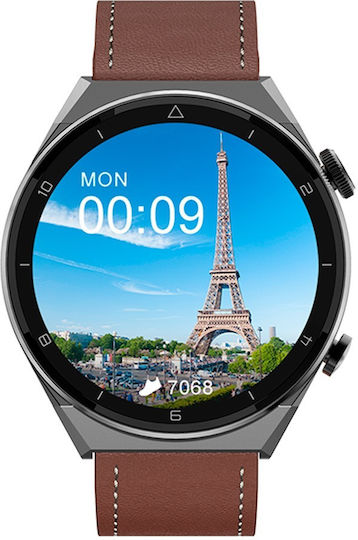 NO.1 DT3 PRO Max Smartwatch with Heart Rate Monitor (Silver Case / Brown Leather Strap)