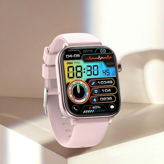 Aoke ET570 Smartwatch με Παλμογράφο (Ροζ - Χρυσή κάσα / Ροζ Λουρί Σιλικόνης)
