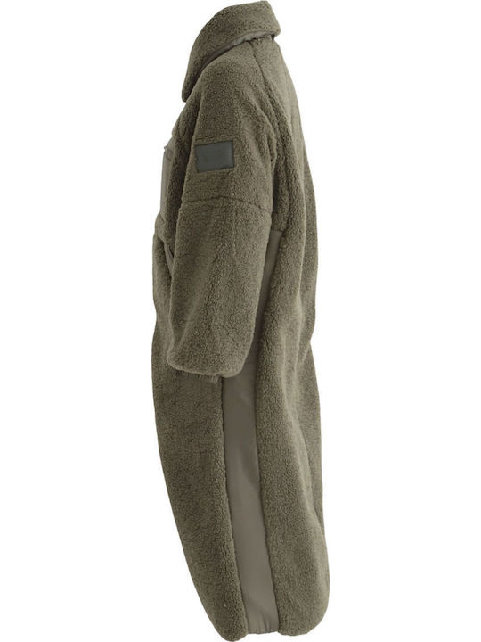 Sherpa Γυναικείο Πράσινο Παλτό Oversized με Φερμουάρ