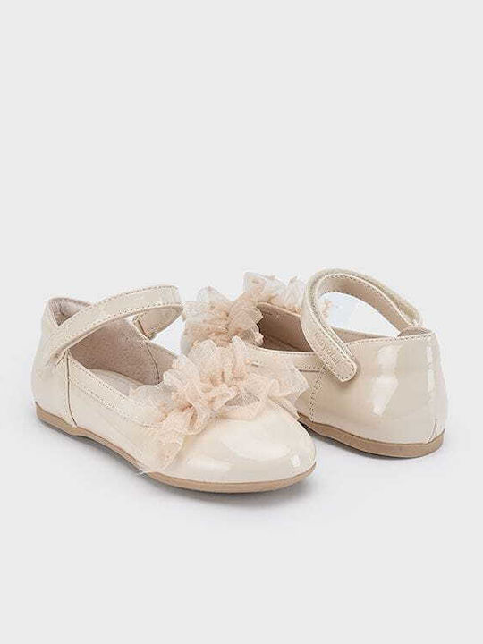 Kids Patent Leather Ballerinas with Hoop & Loop Closure Beige