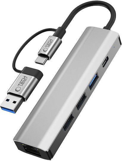 Tech-Protect HB03 Hub 4 Θυρών USB 3.0 με σύνδεση USB-A / USB-C / Ethernet Γκρι