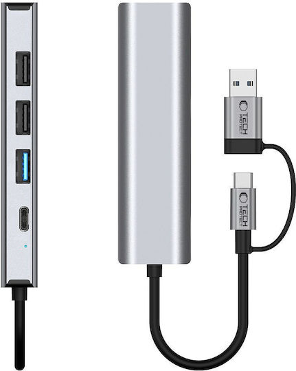 Tech-Protect HB03 Hub 4 Θυρών USB 3.0 με σύνδεση USB-A / USB-C / Ethernet Γκρι