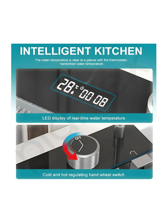 Plantex Smart Dual Waterfall Kitchen Sink 304 Grade Stainless Steel Sink Digital Display Led Panel Integrated Waterfalls & Pull Down Faucet Multifunctional Sink 30x18 Inches Nano Black