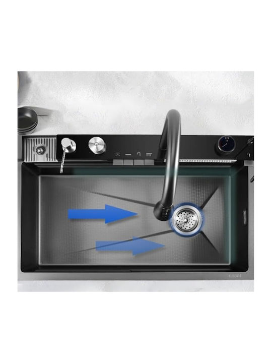 Plantex Smart Dual Waterfall Kitchen Sink 304 Grade Stainless Steel Sink Digital Display Led Panel Integrated Waterfalls & Pull Down Faucet Multifunctional Sink 30x18 Inches Nano Black
