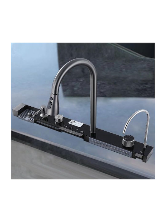 Plantex Smart Dual Waterfall Kitchen Sink 304 Grade Stainless Steel Sink Digital Display Led Panel Integrated Waterfalls & Pull Down Faucet Multifunctional Sink 30x18 Inches Nano Black