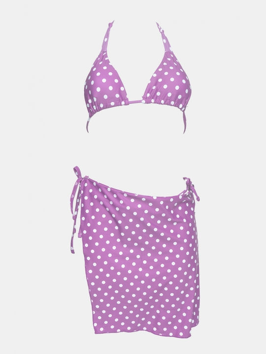 Set Bikini 3 Τεμαχίων Τριγωνάκι με Αφαιρούμενη Ενίσχυση Πουά Λιλά
