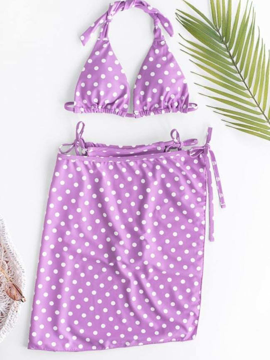 Set Bikini 3 Τεμαχίων Τριγωνάκι με Αφαιρούμενη Ενίσχυση Πουά Λιλά