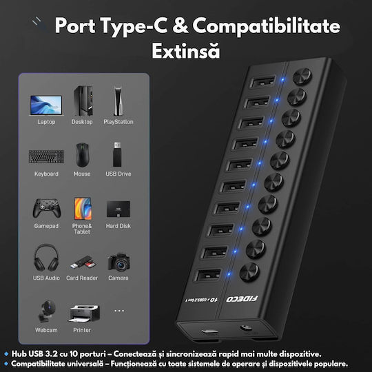 Хъб 10 Порта USB 3.2 с Връзка USB-A / USB-C