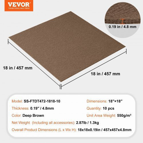 Vevor Σετ Πλαστικό Δάπεδο με 10 Πλακάκια 4.83mm Μ45.72xΠ45.72εκ. Καφέ