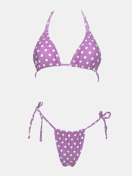 Set Bikini 3 Τεμαχίων Τριγωνάκι με Αφαιρούμενη Ενίσχυση Πουά Λιλά