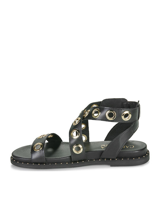 Carmela Leather Women's Flat Sandals with Strap in Black Color