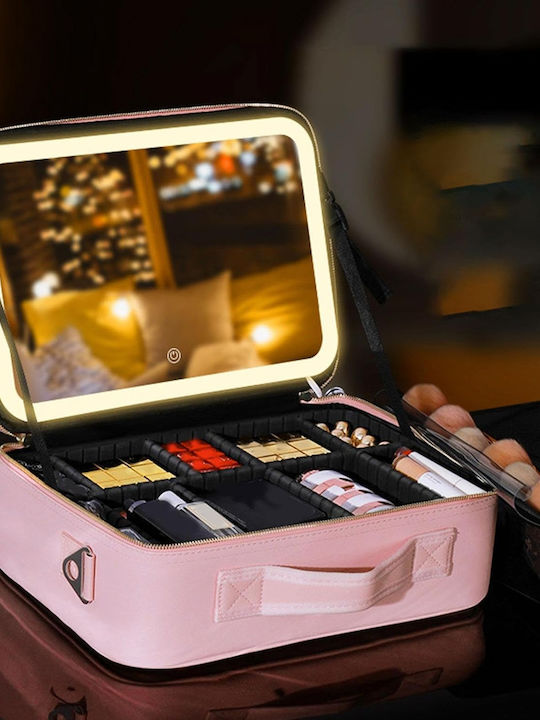 Travel Cosmetic Textile Bag Tecos Dimensions 26x23x11 Cm Illuminated Makeup Mirror Led Technology Double Zipper Multiple Compartments Black