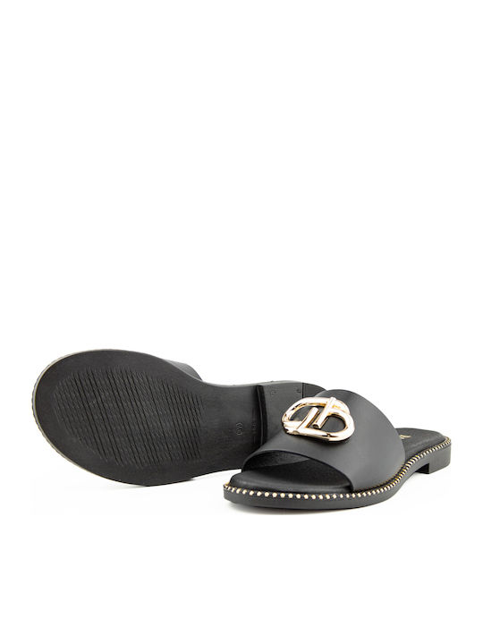 Leather Women's Flat Sandals in Black Color