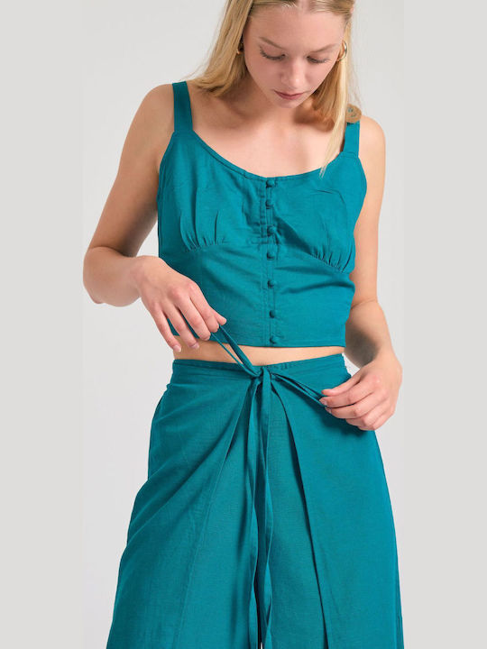 Damen Stoff Hose mit Gummizug Türkis