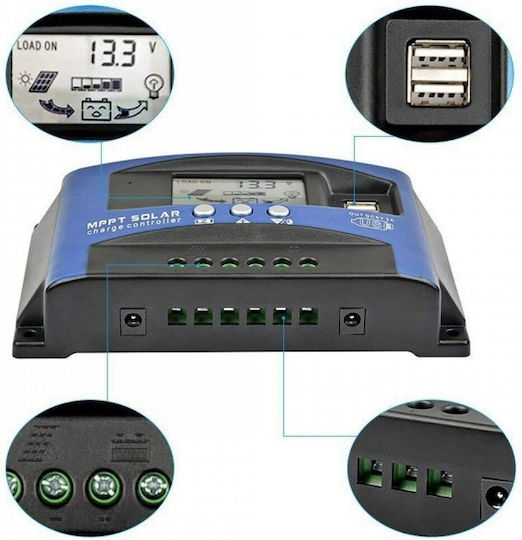 Controler de încărcare solară MPPT 30A, afișaj LCD dublu, 12V 24V, USB, baterie litiu, albastru