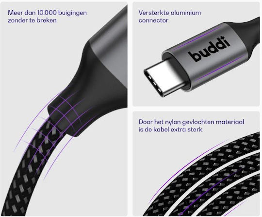 Buddi Magnetisch / Geflochten USB 2.0 Kabel USB-C männlich - USB-C 60W Schwarz 1m