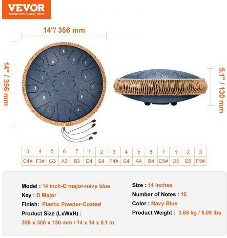Vevor Стоманен Етнически Език Барабан 15 Ноти 35.56см
