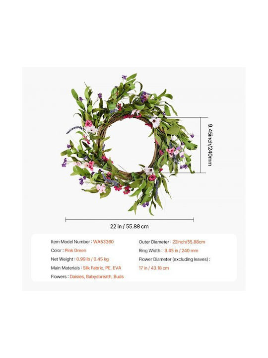 Vevor Artificial Decorative Wreath 56 cm Pink Green Daisies All Year Round Wreath Zshh22inchcjy8kmfv0