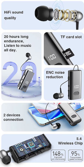 F908 In-ear Bluetooth Handsfree Ακουστικό Πέτου Μαύρο