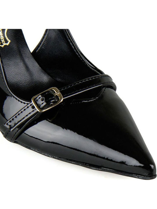 Patent Leather Pointed Toe Black Heels with Strap