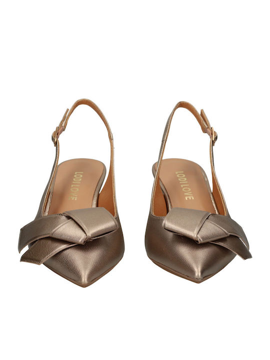 Leather Gold Medium Heels with Strap