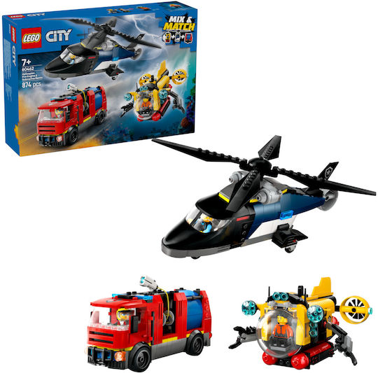 LEGO Lego-Stadt Hubschrauber Feuerwehrauto und U-Boot für 7+ Jahre 874 Stück
