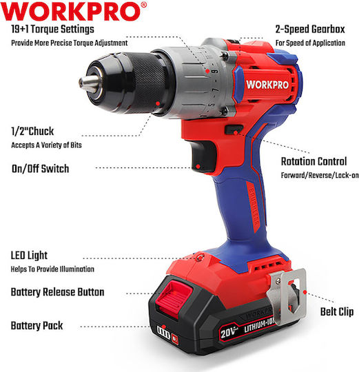 WorkPro WP390002 Двигател За Бормашина На Батерия Безчетков 20V 2x2Ah