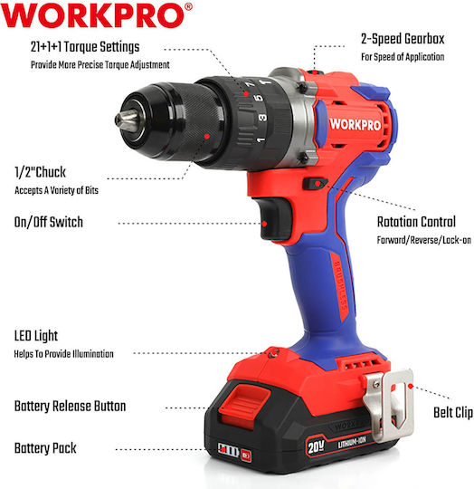 WorkPro WP390007 Κρουστικό Δραπανοκατσάβιδο Μπαταρίας Brushless 20V 2x2Ah